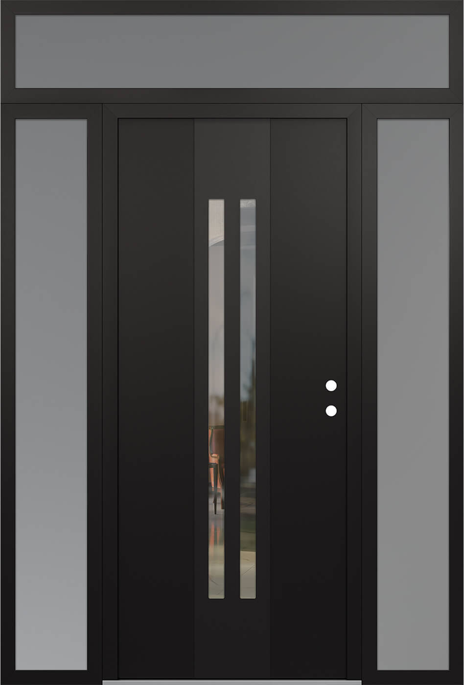 Modern Steel Front Door DIAMOND A8 68" X 96" BLACK/BLACK CLEAR GLASS PANEL BLACK LHI WITH 2 SIDELITES AND TRANSOM FROSTED GLASS