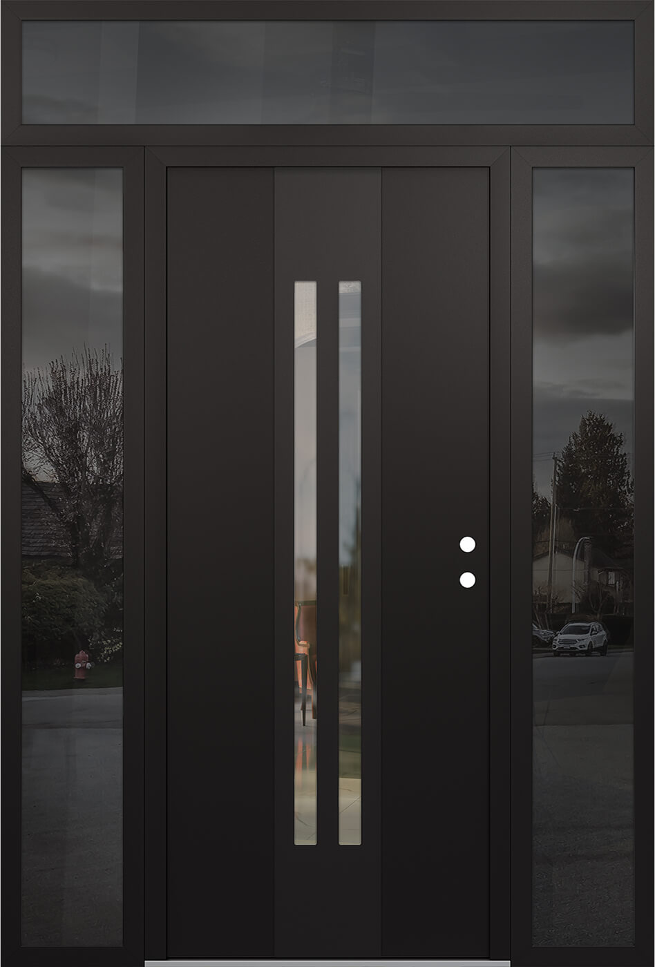 Modern Steel Front Door DIAMOND A8 68" X 96" BLACK/BLACK CLEAR GLASS PANEL BLACK LHI WITH 2 SIDELITES AND TRANSOM MIRRORED GLASS