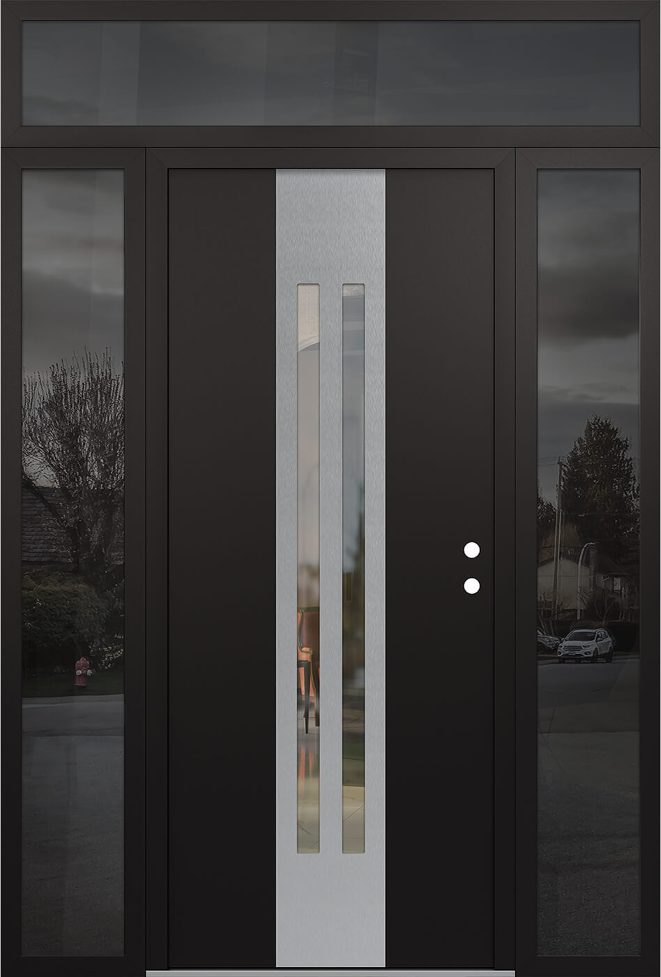 Modern Steel Front Door DIAMOND A8 68" X 96" BLACK/BLACK CLEAR GLASS PANEL STAINLESS STEEL LHI WITH 2 SIDELITES AND TRANSOM MIRRORED GLASS