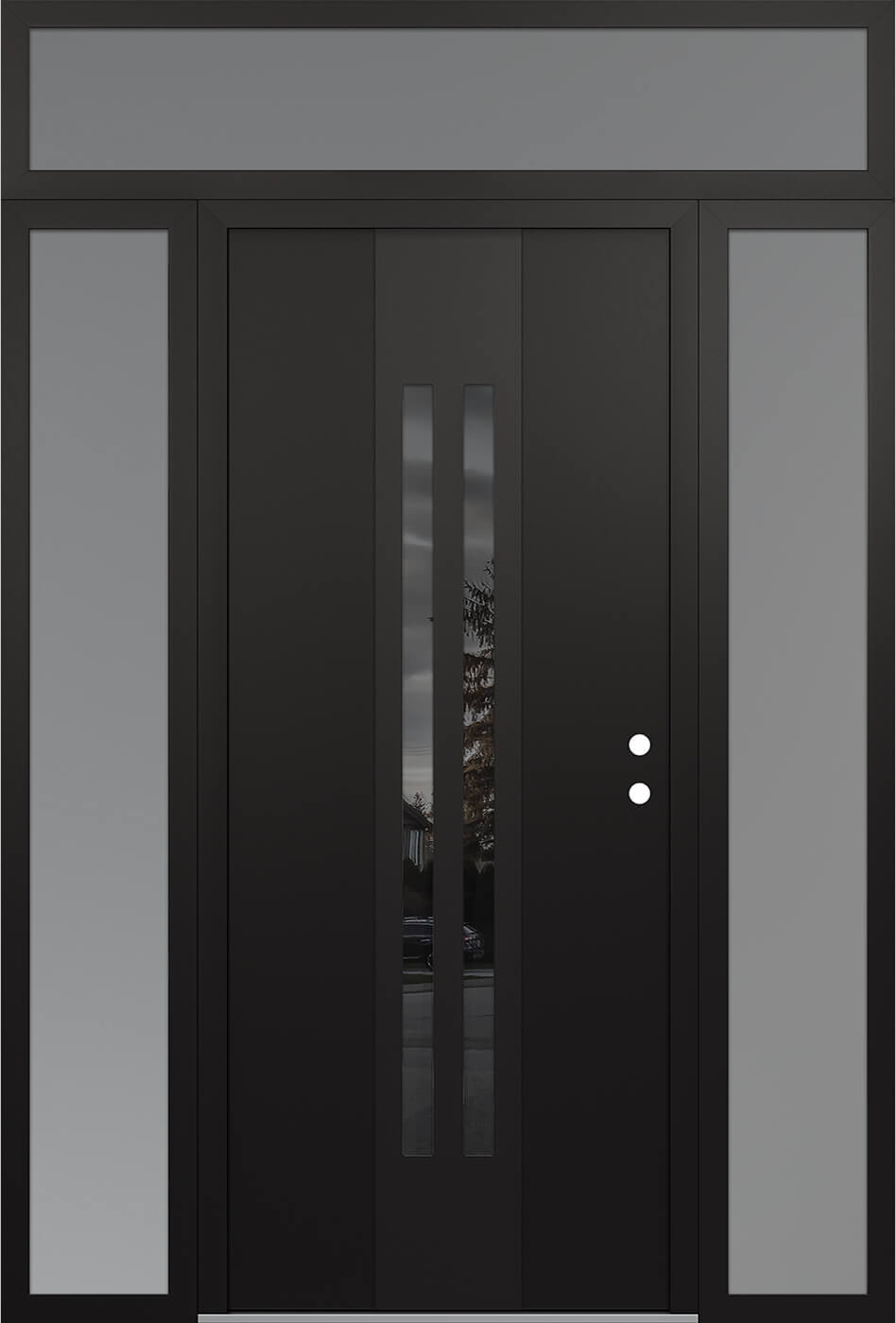 Modern Steel Front Door DIAMOND A8 68" X 96" BLACK/BLACK MIRRORED GLASS PANEL BLACK LHI WITH 2 SIDELITES AND TRANSOM FROSTED GLASS