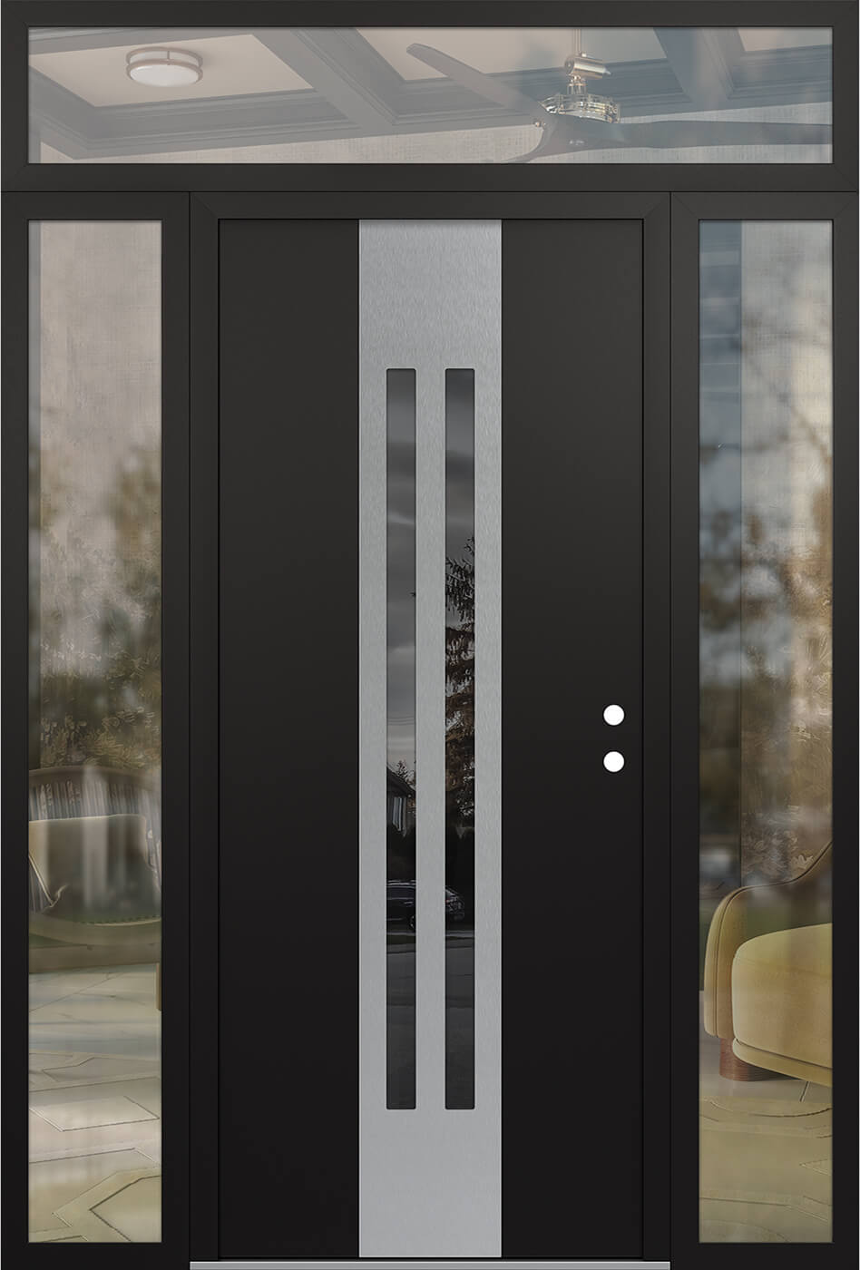 Modern Steel Front Door DIAMOND A8 68" X 96" BLACK/BLACK MIRRORED GLASS PANEL STAINLESS STEEL LHI WITH 2 SIDELITES AND TRANSOM CLEAR GLASS