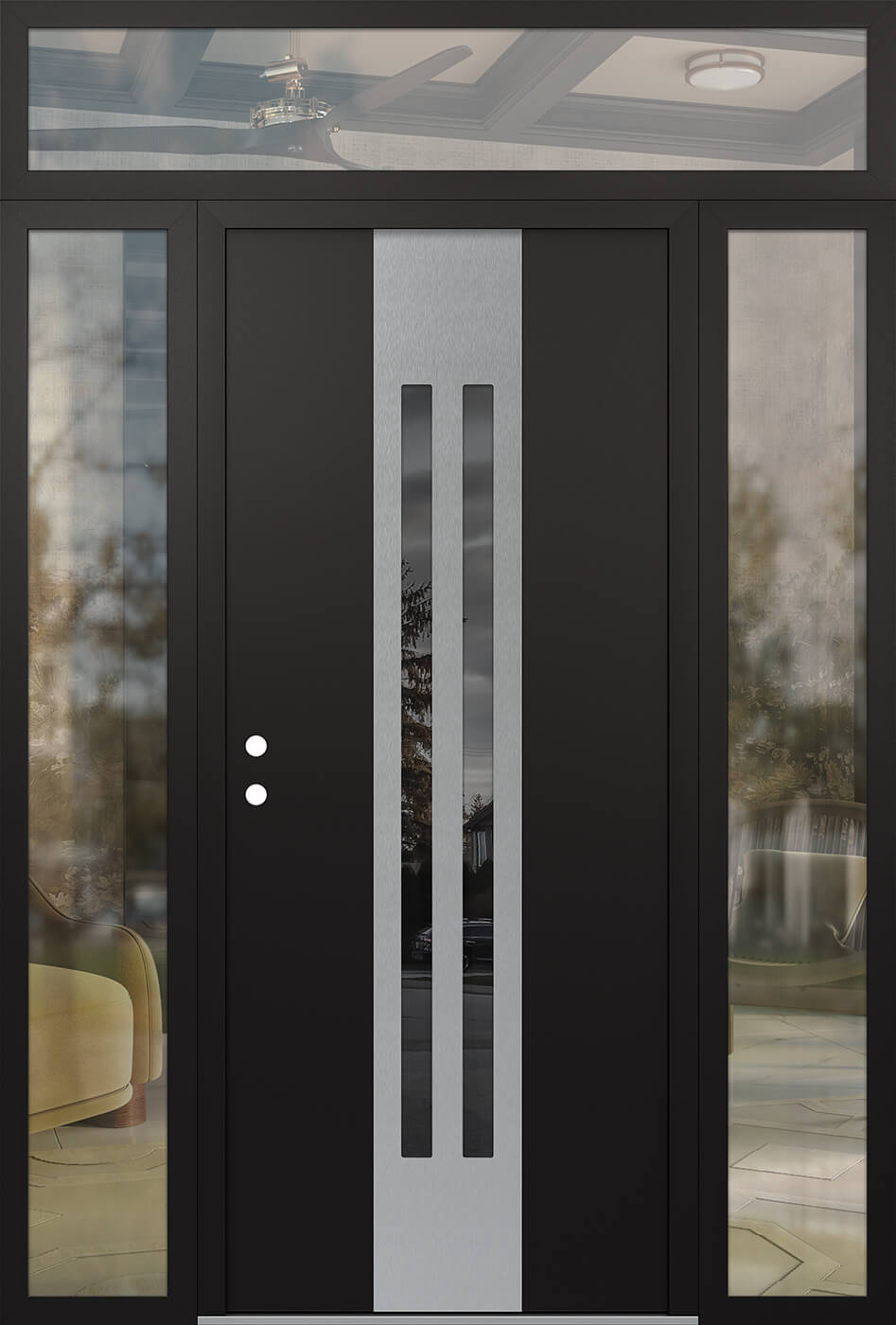 Modern Steel Front Door DIAMOND A8 68" X 96" BLACK/BLACK MIRRORED GLASS PANEL STAINLESS STEEL RHI WITH 2 SIDELITES AND TRANSOM CLEAR GLASS