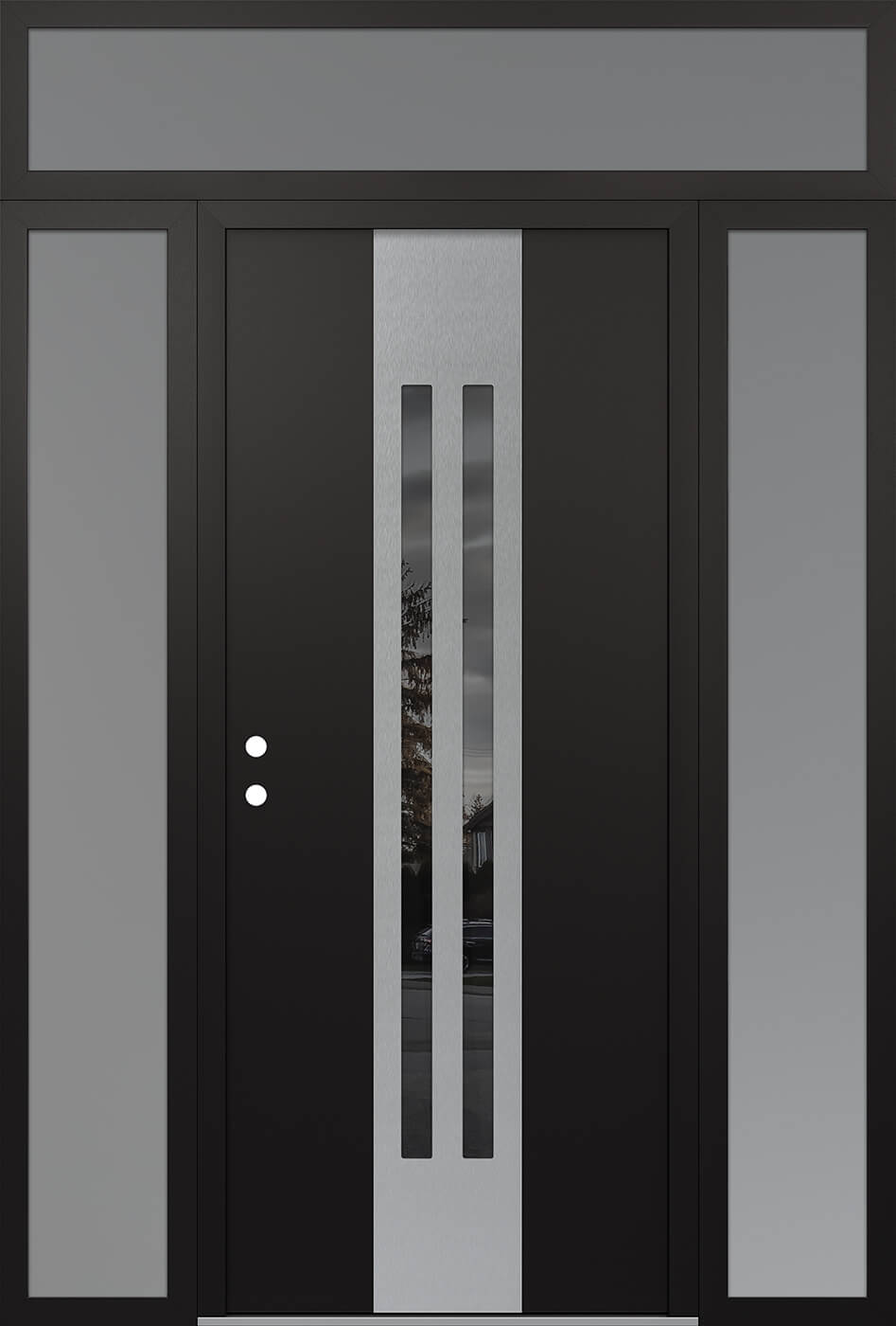 Modern Steel Front Door DIAMOND A8 68" X 96" BLACK/BLACK MIRRORED GLASS PANEL STAINLESS STEEL RHI WITH 2 SIDELITES AND TRANSOM FROSTED GLASS