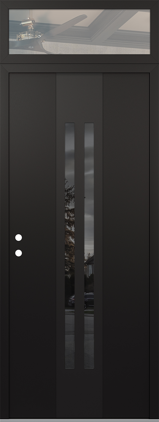 MODERN STEEL FRONT DOOR DIAMOND A8 36" X 96" BLACK/BLACK MIRRORED GLASS PANEL BLACK RHI WITH TRANSOM CLEAR GLASS