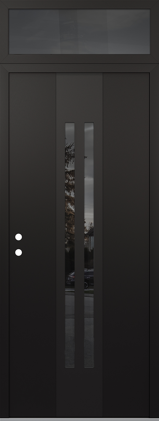 MODERN STEEL FRONT DOOR DIAMOND A8 36" X 96" BLACK/BLACK MIRRORED GLASS PANEL BLACK RHI WITH TRANSOM MIRRORED GLASS