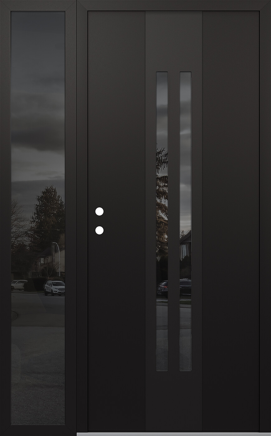 MODERN STEEL FRONT DOOR DIAMOND A8 48" X 80" BLACK/BLACK MIRRORED GLASS PANEL BLACK RHI WITH SIDELITE MIRRORED GLASS