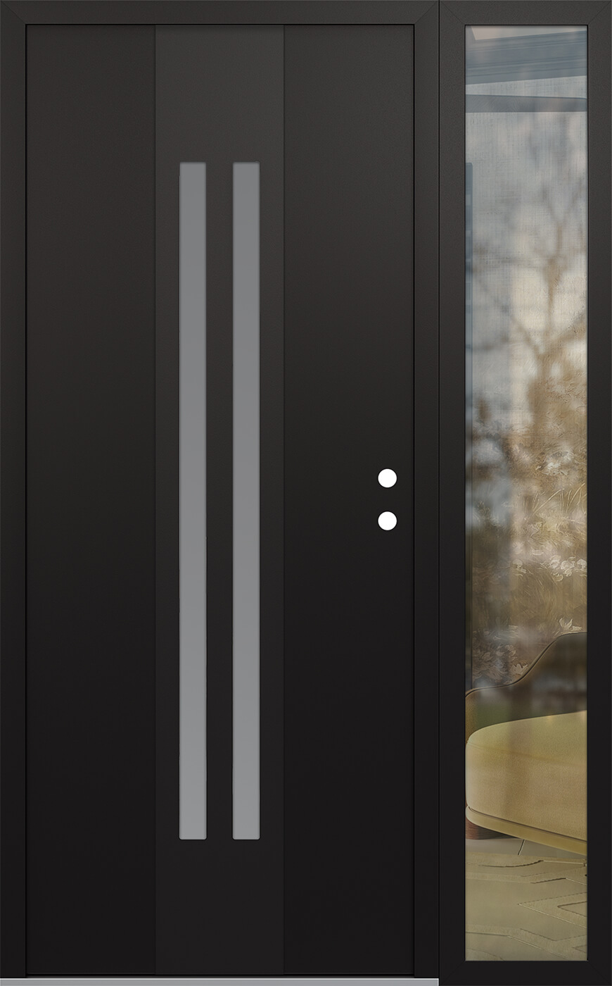 MODERN STEEL FRONT DOOR DIAMOND A8 48" X 80" BLACK/WHITE FROSTED GLASS PANEL BLACK LHI WITH SIDELITE CLEAR GLASS