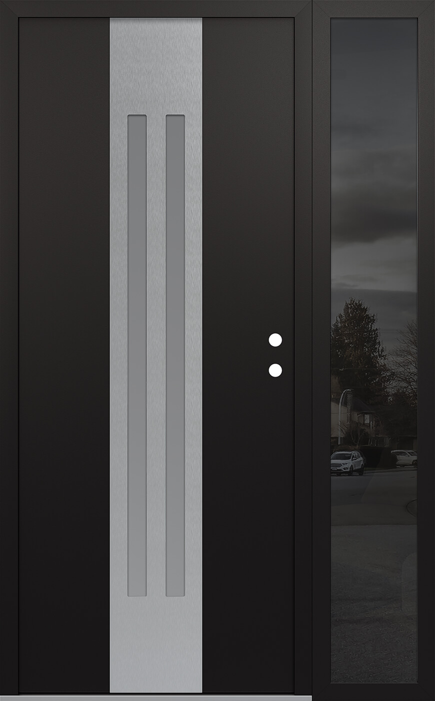 MODERN STEEL FRONT DOOR DIAMOND A8 48" X 80" BLACK/WHITE FROSTED GLASS PANEL STAINLESS STEEL LHI WITH SIDELITE MIRRORED GLASS