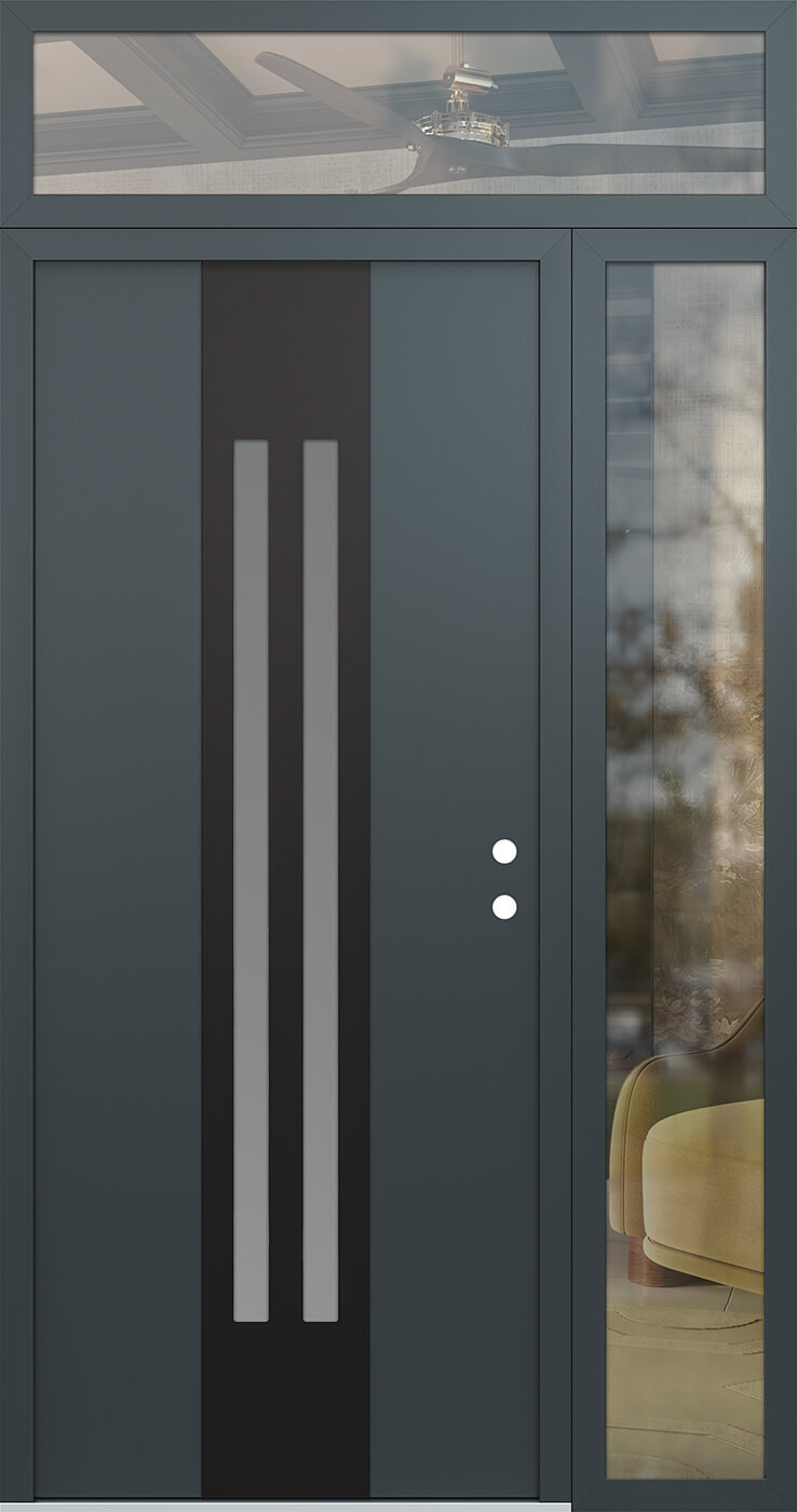 Modern Steel Front Door DIAMOND A8 48" X 96" ANTHRACITE/ANTHRACITE FROSTED GLASS PANEL BLACK LHI WITH SIDELITE AND TRANSOM FROSTED GLASS