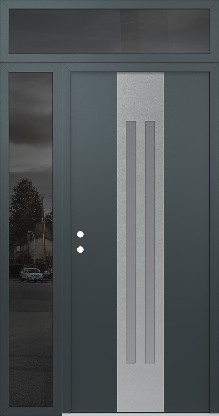 Modern Steel Front Door DIAMOND A8 48" X 96" ANTHRACITE/ANTHRACITE FROSTED GLASS PANEL STAINLESS STEEL RHI WITH SIDELITE AND TRANSOM CLEAR GLASS