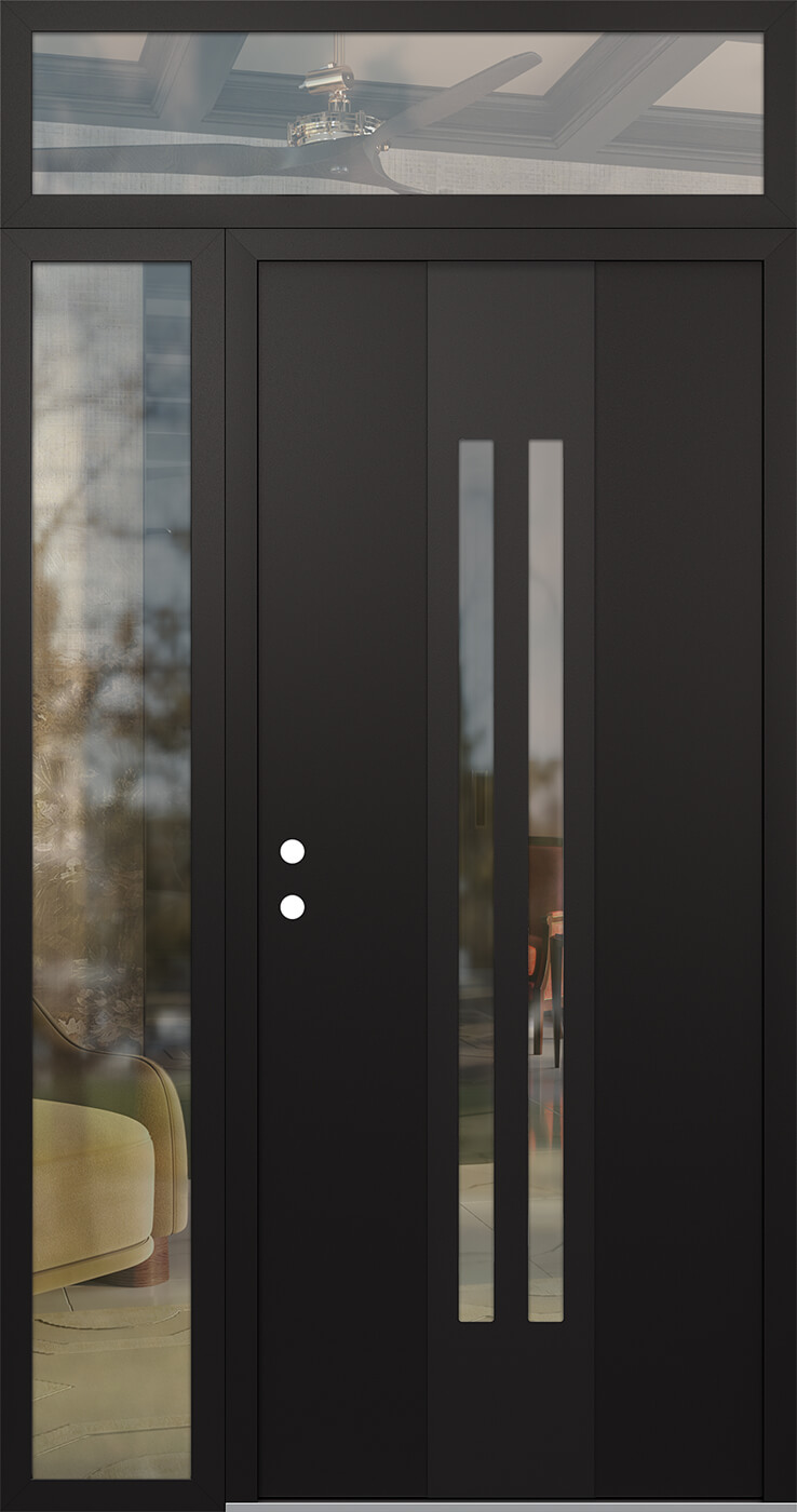 MODERN STEEL FRONT DOOR DIAMOND A8 48" X 96" BLACK/BLACK CLEAR GLASS PANEL BLACK RHI WITH SIDELITE AND TRANSOM CLEAR GLASS