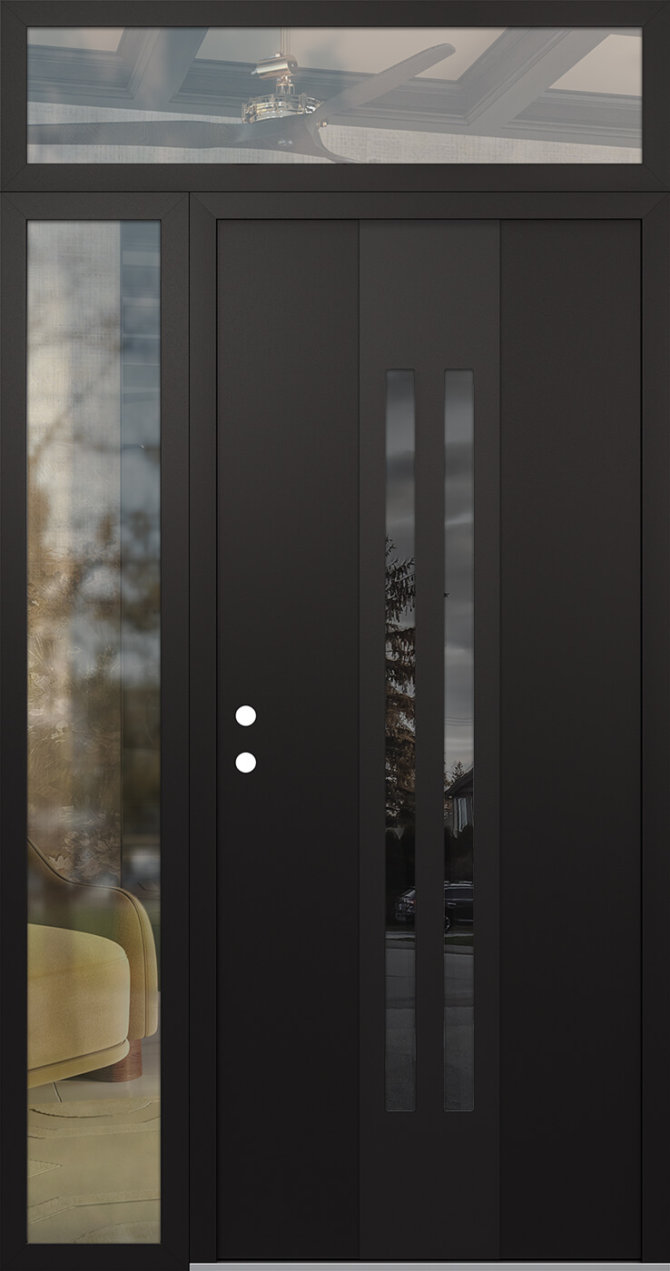 MODERN STEEL FRONT DOOR DIAMOND A8 48" X 96" BLACK/BLACK MIRRORED GLASS PANEL BLACK RHI WITH SIDELITE AND TRANSOM CLEAR GLASS