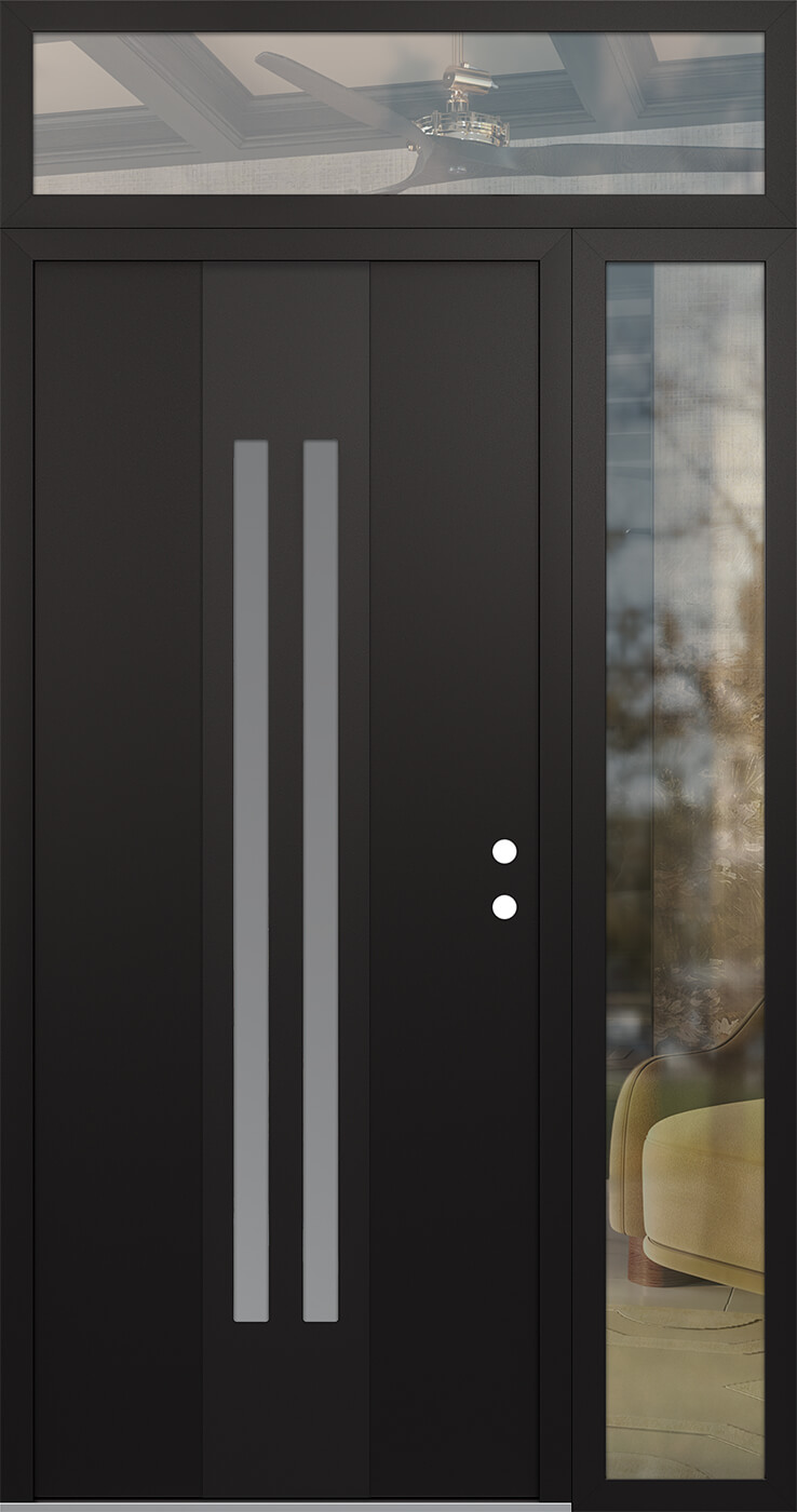 MODERN STEEL FRONT DOOR DIAMOND A8 48" X 96" BLACK/WHITE FROSTED GLASS PANEL BLACK LHI WITH SIDELITE AND TRANSOM MIRRORED GLASS