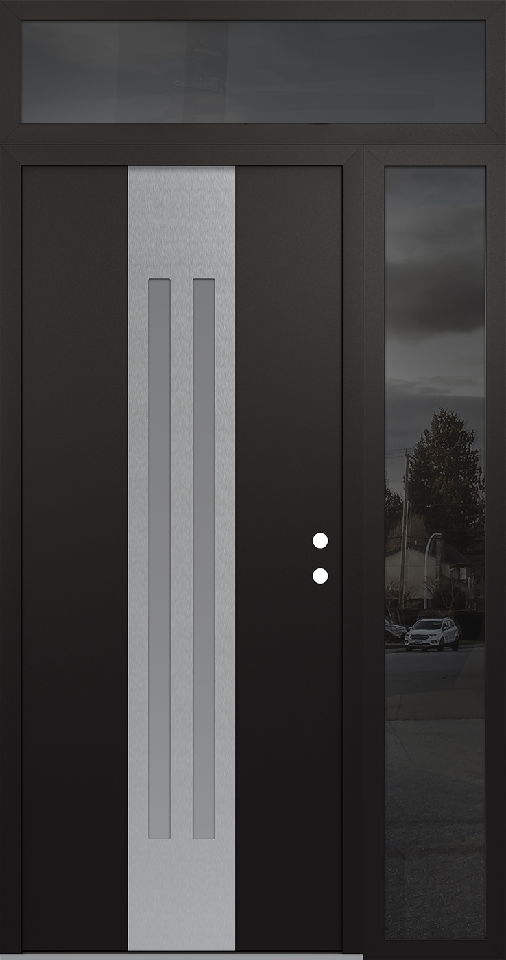 MODERN STEEL FRONT DOOR DIAMOND A8 48" X 96" BLACK/WHITE FROSTED GLASS PANEL STAINLESS STEEL LHI WITH SIDELITE AND TRANSOM MIRRORED GLASS