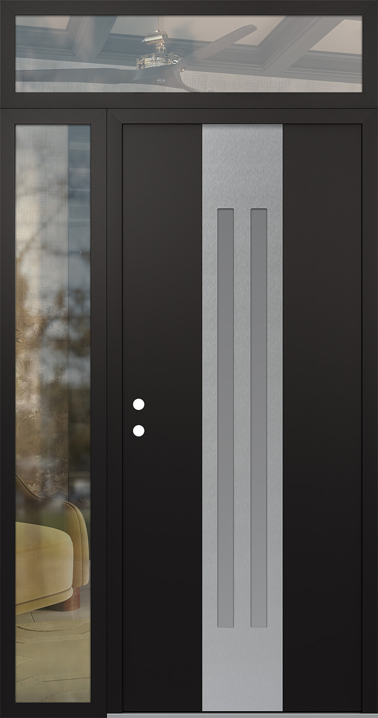 MODERN STEEL FRONT DOOR DIAMOND A8 48" X 96" BLACK/WHITE FROSTED GLASS PANEL STAINLESS STEEL RHI WITH SIDELITE AND TRANSOM FROSTED GLASS