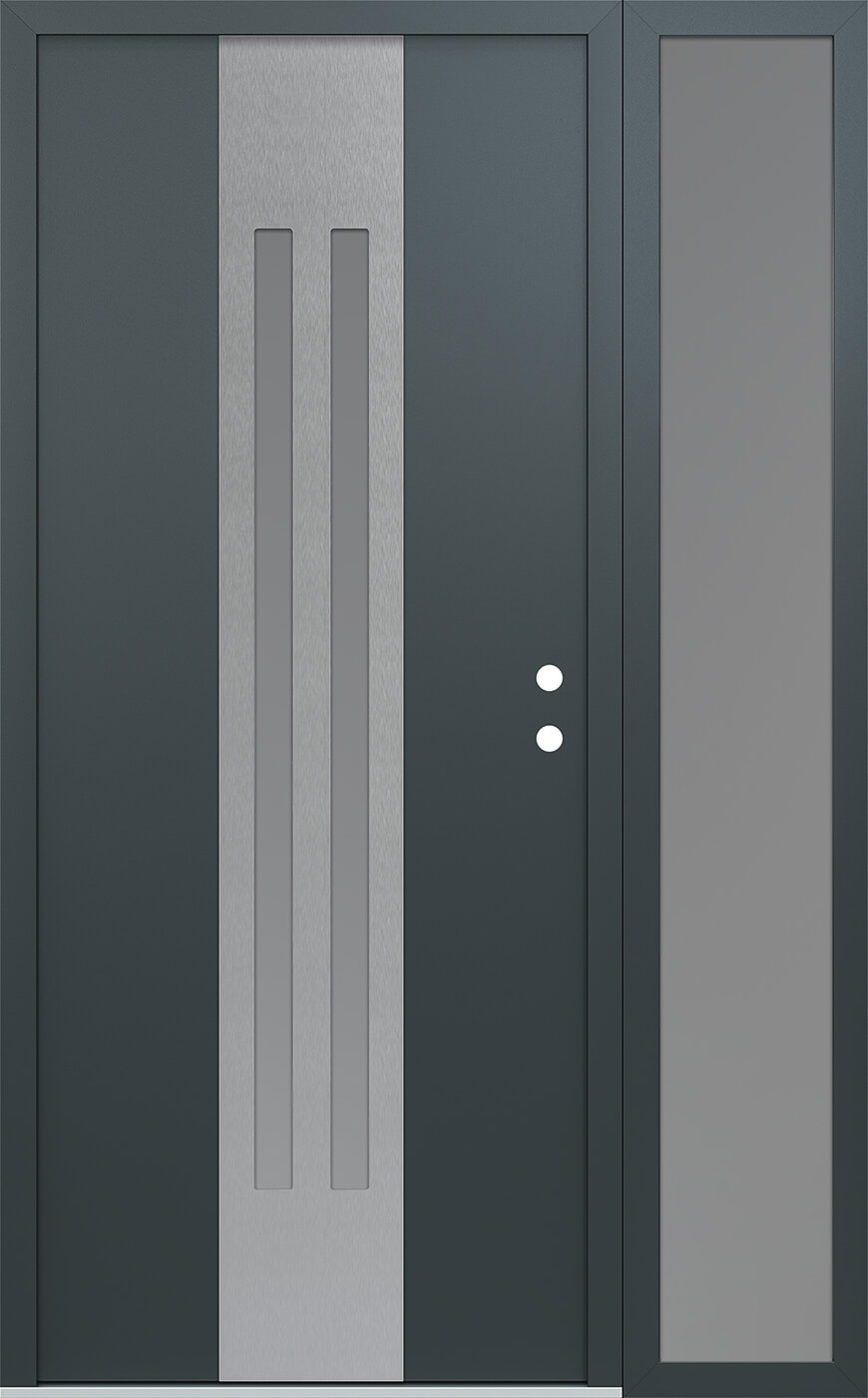 Modern Steel Front Door DIAMOND A8 50" X 80" ANTHRACITE/ANTHRACITE FROSTED GLASS PANEL STAINLESS STEEL RHI WITH SIDELITE FROSTED GLASS