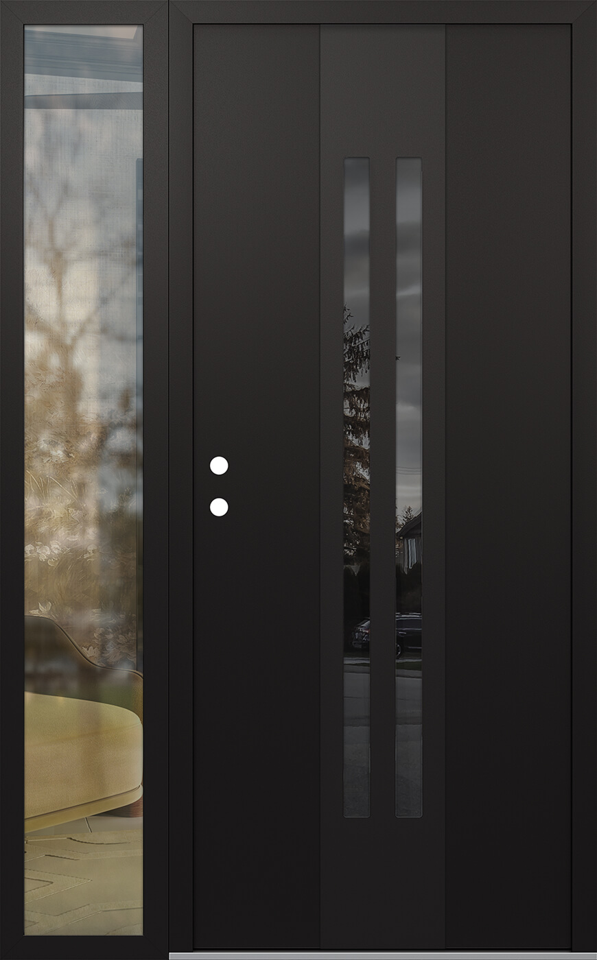 MODERN STEEL FRONT DOOR DIAMOND A8 50" X 80" BLACK/BLACK MIRRORED GLASS PANEL BLACK RHI WITH SIDELITE CLEAR GLASS