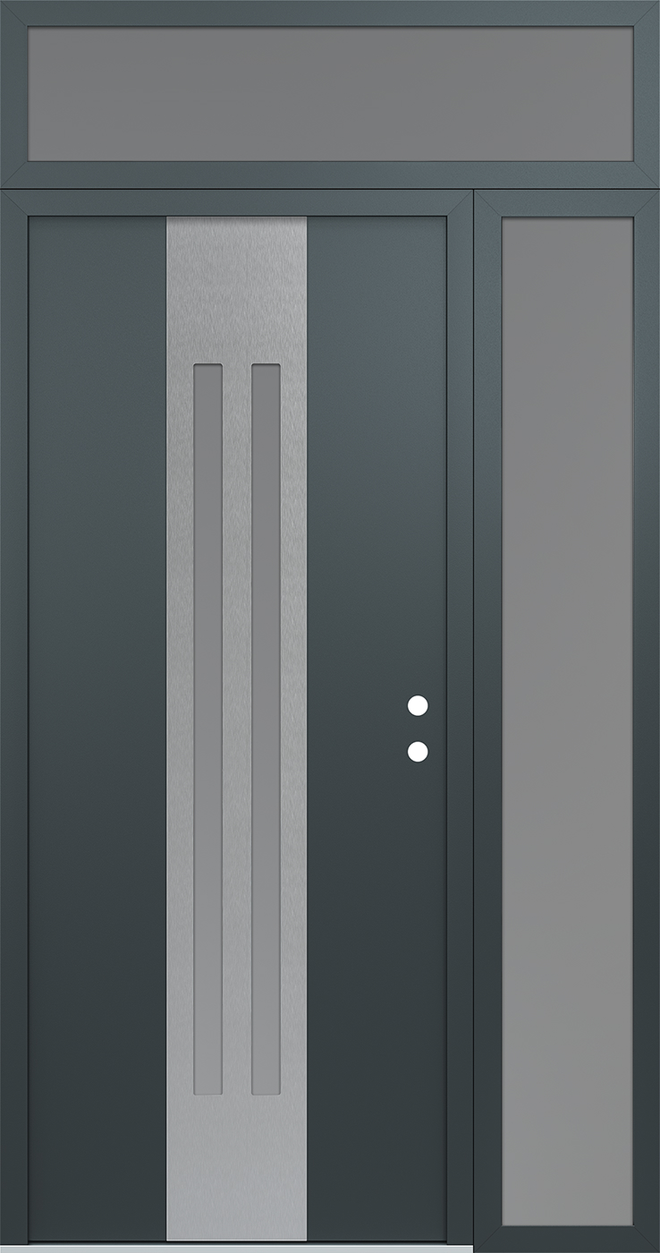 Modern Steel Front Door DIAMOND A8 50" X 96" ANTHRACITE/ANTHRACITE FROSTED GLASS PANEL STAINLESS STEEL RHI WITH SIDELITE AND TRANSOM FROSTED GLASS