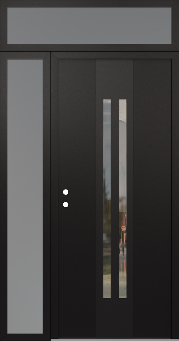 MODERN STEEL FRONT DOOR DIAMOND A8 50" X 96" BLACK/BLACK CLEAR GLASS PANEL BLACK RHI WITH SIDELITE AND TRANSOM MIRRORED GLASS