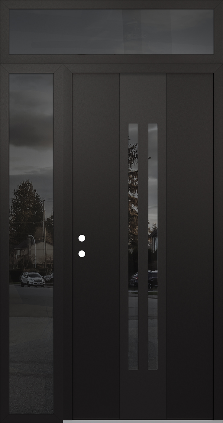 MODERN STEEL FRONT DOOR DIAMOND A8 50" X 96" BLACK/BLACK MIRRORED GLASS PANEL BLACK RHI WITH SIDELITE AND TRANSOM CLEAR GLASS