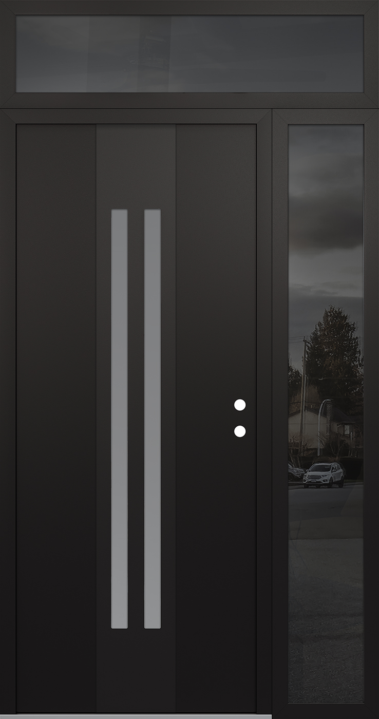 MODERN STEEL FRONT DOOR DIAMOND A8 50" X 96" BLACK/WHITE FROSTED GLASS PANEL BLACK LHI WITH SIDELITE AND TRANSOM MIRRORED GLASS