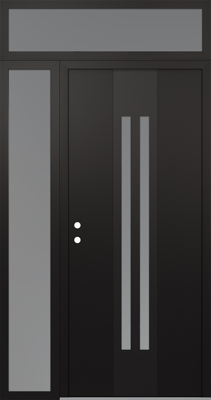 MODERN STEEL FRONT DOOR DIAMOND A8 50" X 96" BLACK/WHITE FROSTED GLASS PANEL BLACK RHI WITH SIDELITE AND TRANSOM CLEAR GLASS