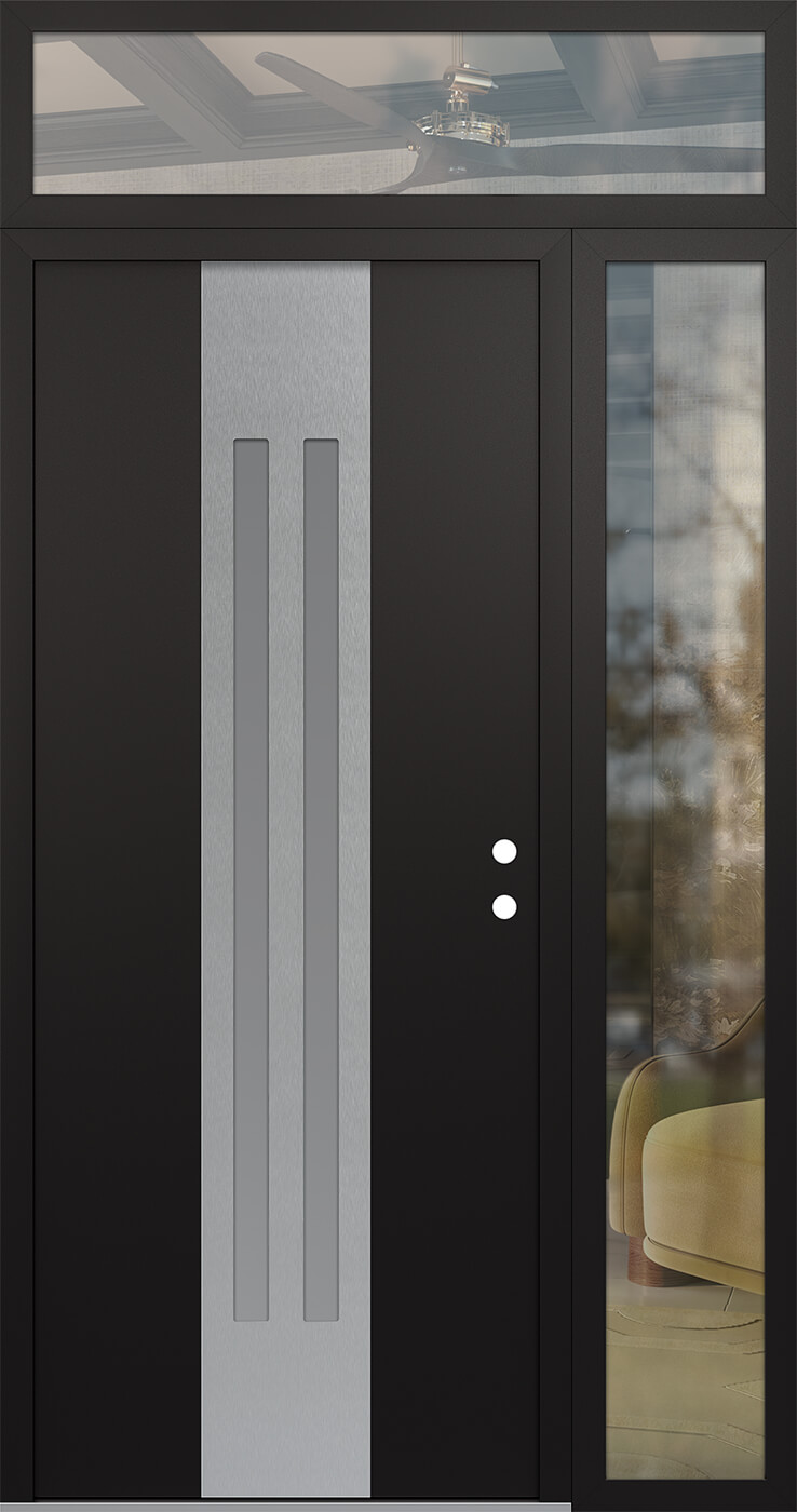 MODERN STEEL FRONT DOOR DIAMOND A8 50" X 96" BLACK/WHITE FROSTED GLASS PANEL STAINLESS STEEL LHI WITH SIDELITE AND TRANSOM CLEAR GLASS