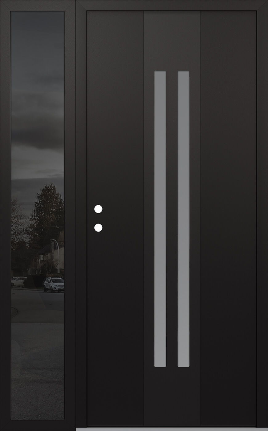MODERN STEEL FRONT DOOR DIAMOND A8 52" X 80" BLACK/WHITE FROSTED GLASS PANEL BLACK RHI WITH SIDELITE MIRRORED GLASS