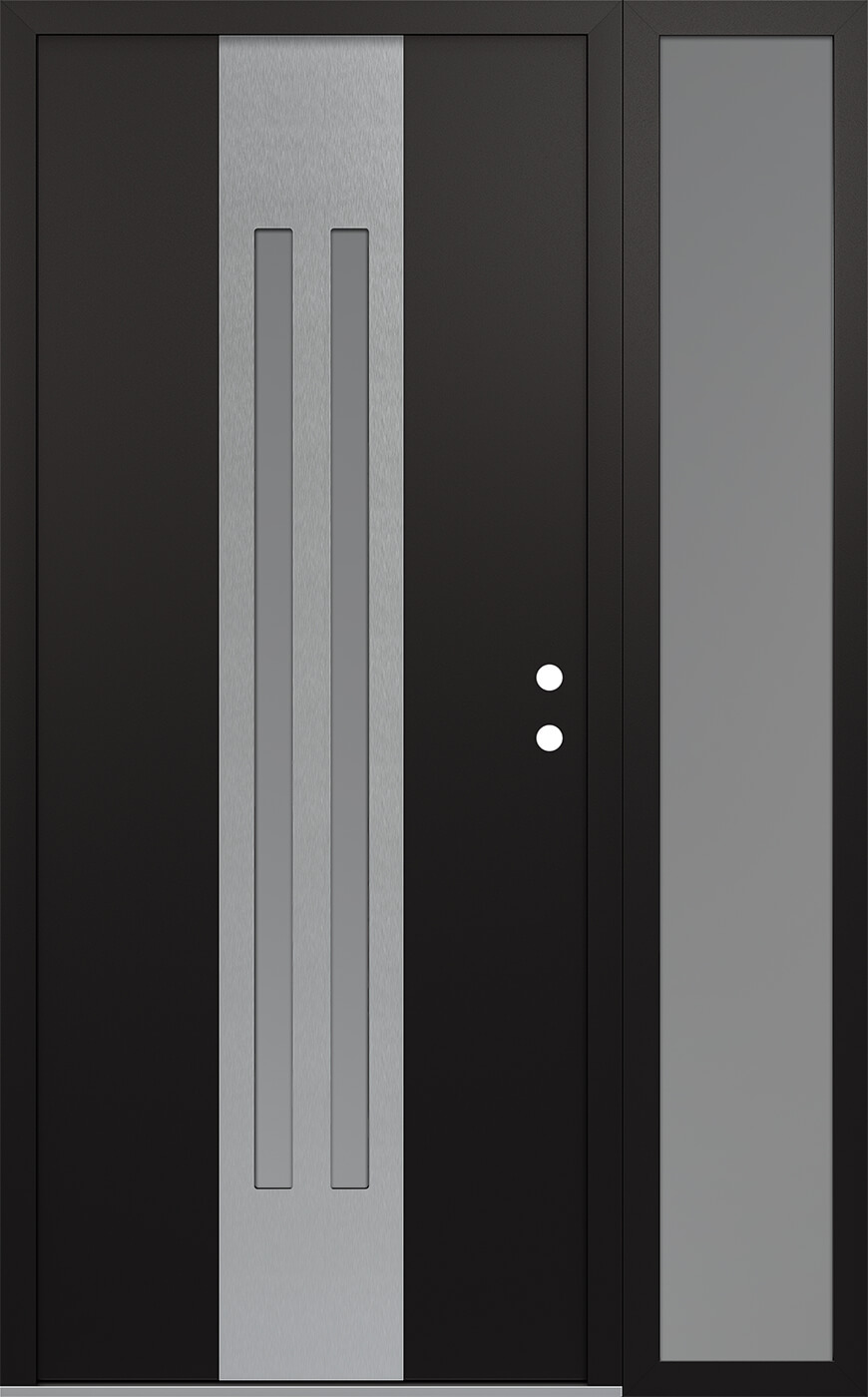 MODERN STEEL FRONT DOOR DIAMOND A8 52" X 80" BLACK/WHITE FROSTED GLASS PANEL STAINLESS STEEL LHI WITH SIDELITE FROSTED GLASS
