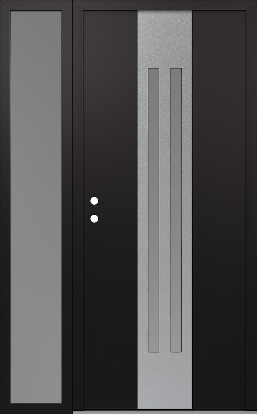 MODERN STEEL FRONT DOOR DIAMOND A8 52" X 80" BLACK/WHITE FROSTED GLASS PANEL STAINLESS STEEL RHI WITH SIDELITE MIRRORED GLASS