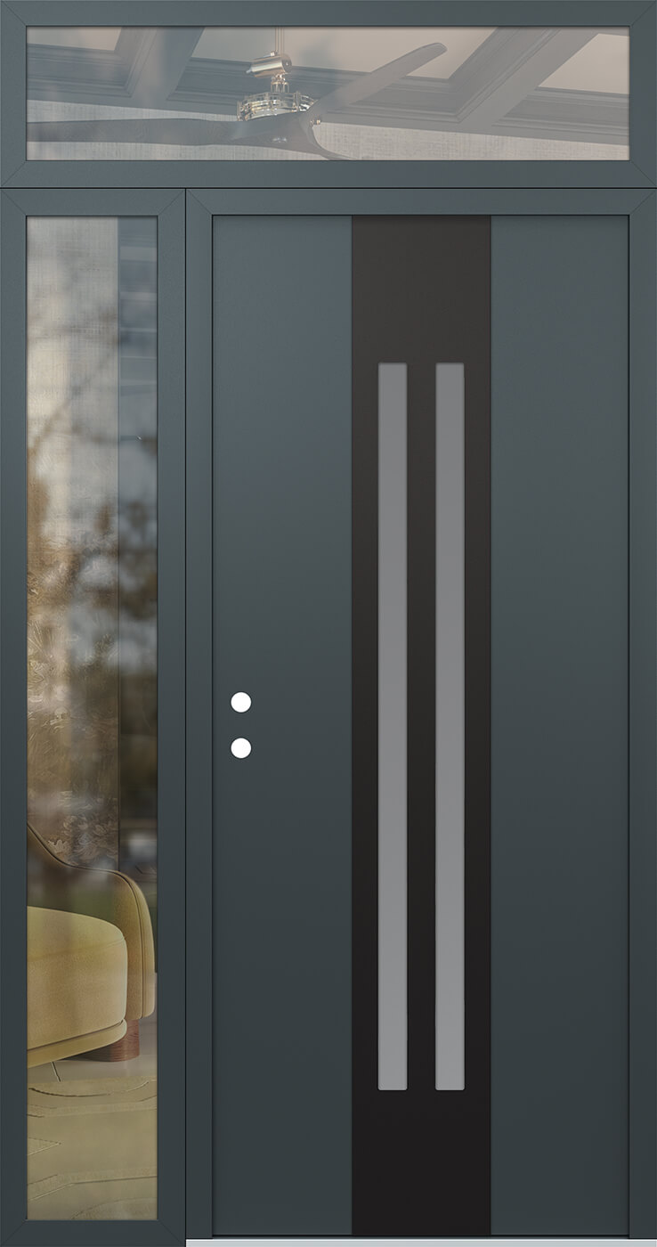 Modern Steel Front Door DIAMOND A8 52" X 96" ANTHRACITE/ANTHRACITE FROSTED GLASS PANEL BLACK RHI WITH SIDELITE AND TRANSOM FROSTED GLASS