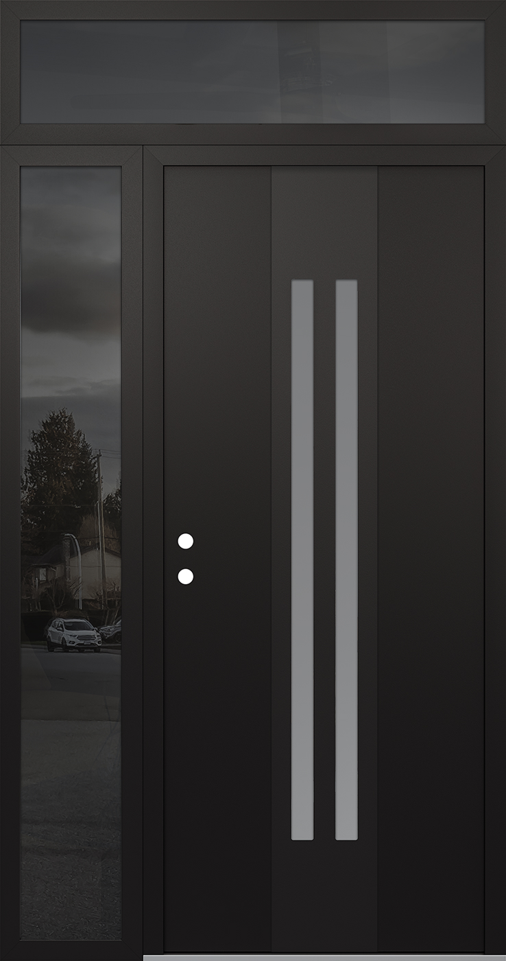 MODERN STEEL FRONT DOOR DIAMOND A8 52" X 96" BLACK/WHITE FROSTED GLASS PANEL BLACK RHI WITH SIDELITE AND TRANSOM MIRRORED GLASS