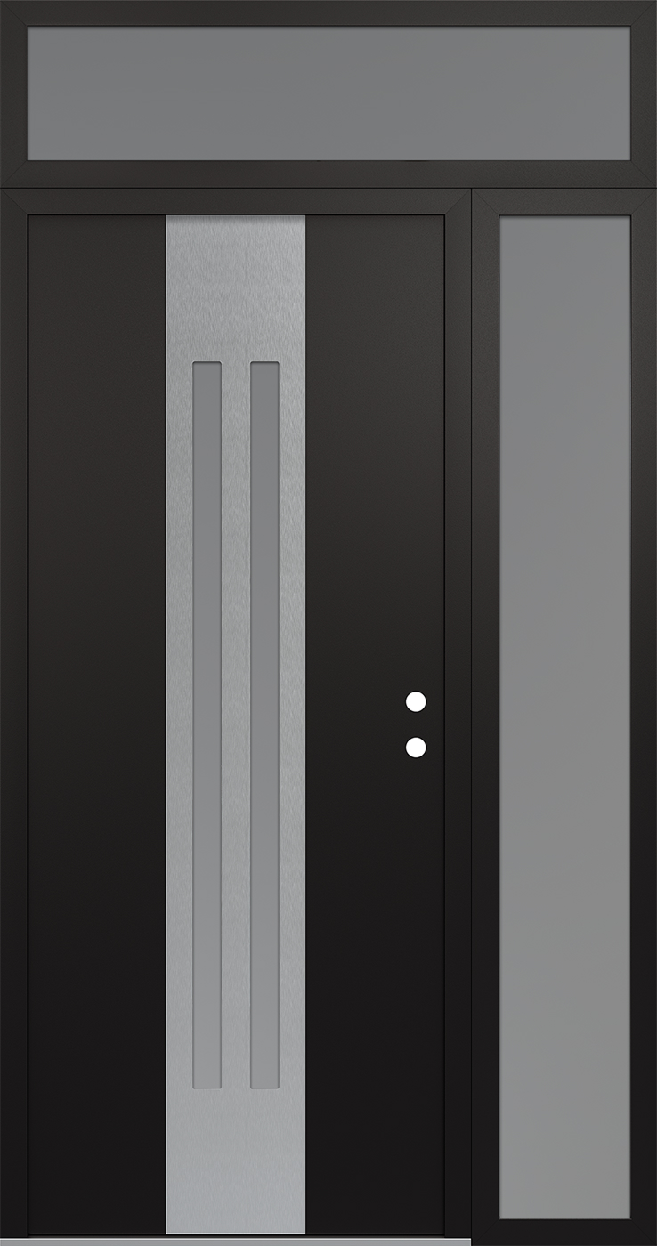 MODERN STEEL FRONT DOOR DIAMOND A8 52" X 96" BLACK/WHITE FROSTED GLASS PANEL STAINLESS STEEL LHI WITH SIDELITE AND TRANSOM FROSTED GLASS