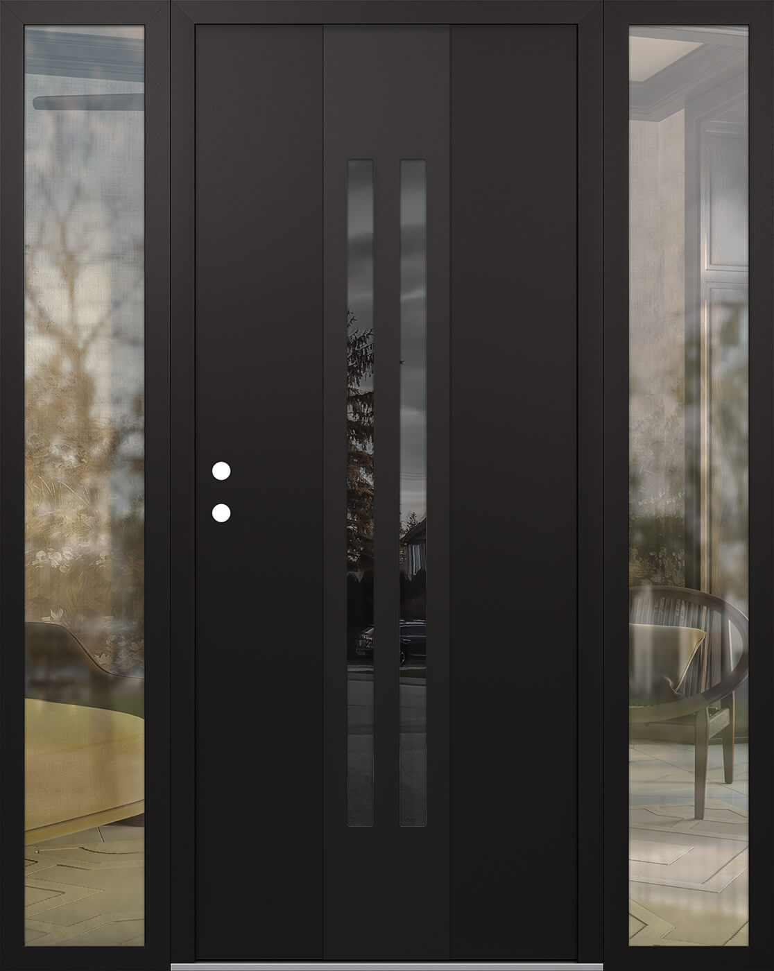 MODERN STEEL FRONT DOOR DIAMOND A8 60" X 80" BLACK/BLACK MIRRORED GLASS PANEL BLACK RHI WITH 2 SIDELITES FROSTED GLASS