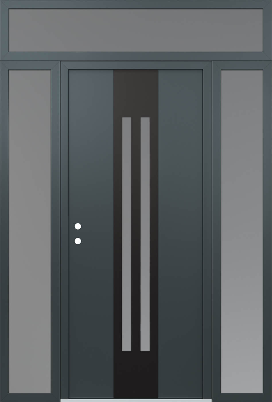 Modern Steel Front Door DIAMOND A8 60" X 96" ANTHRACITE/ANTHRACITE FROSTED GLASS PANEL BLACK RHI WITH 2 SIDELITES AND TRANSOM FROSTED GLASS