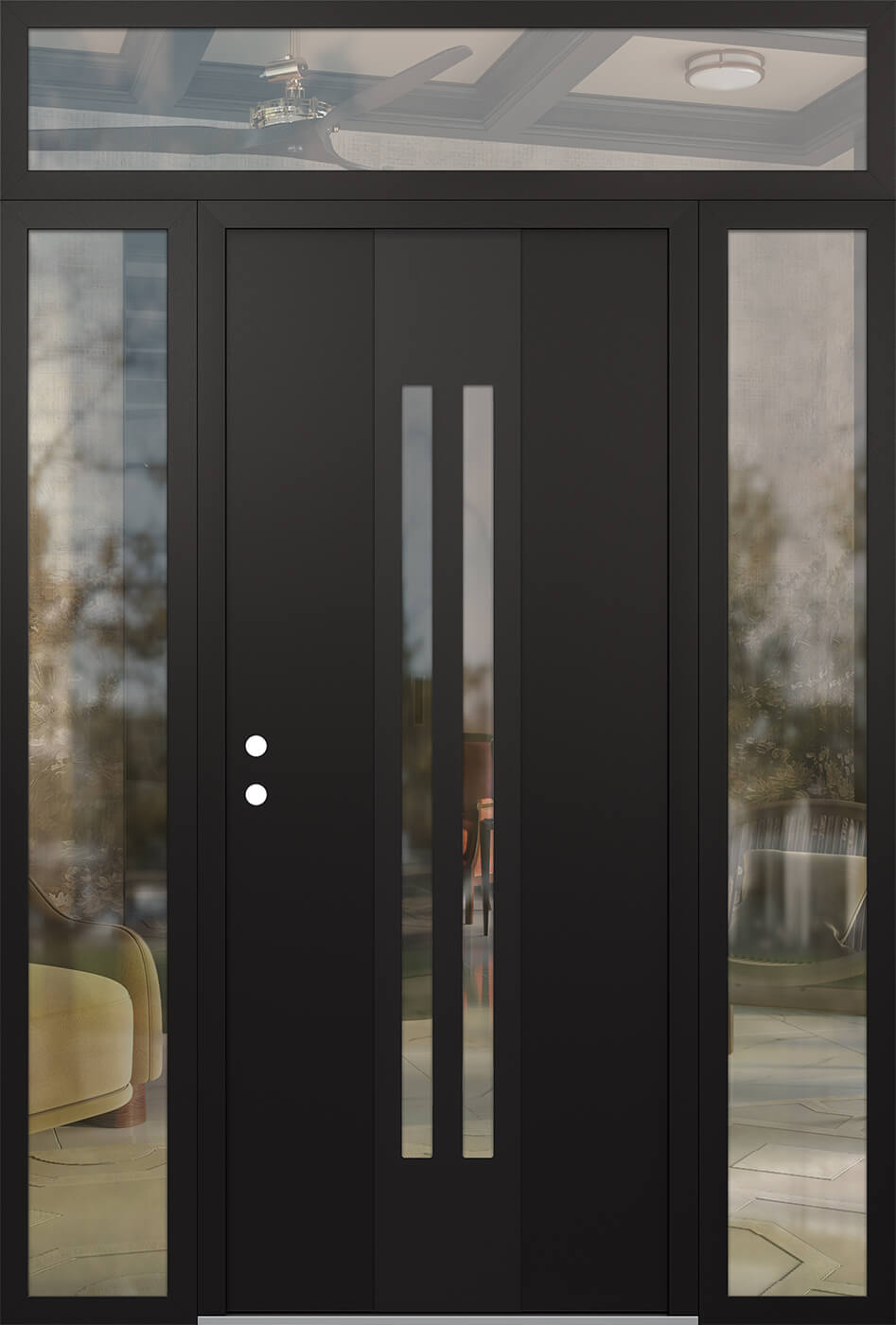 MODERN STEEL FRONT DOOR DIAMOND A8 60" X 96" BLACK/BLACK CLEAR GLASS PANEL BLACK RHI WITH 2 SIDELITES AND TRANSOM FROSTED GLASS