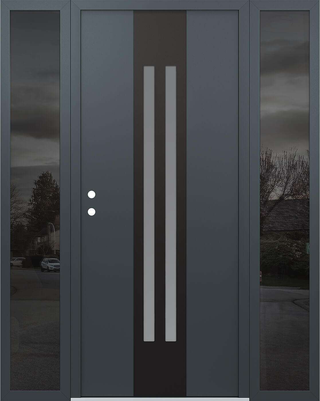 Modern Steel Front Door DIAMOND A8 64" X 80" ANTHRACITE/ANTHRACITE FROSTED GLASS PANEL BLACK RHI WITH 2 SIDELITES FROSTED GLASS