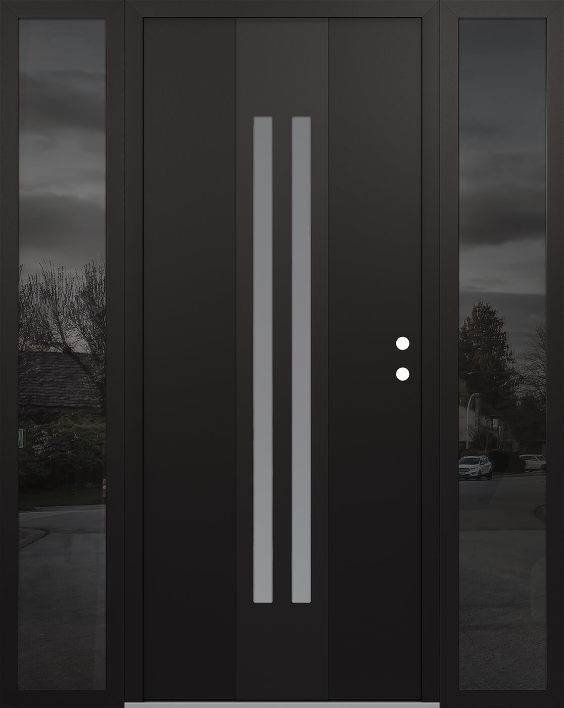 MODERN STEEL FRONT DOOR DIAMOND A8 64" X 80" BLACK/WHITE FROSTED GLASS PANEL BLACK LHI WITH 2 SIDELITES FROSTED GLASS