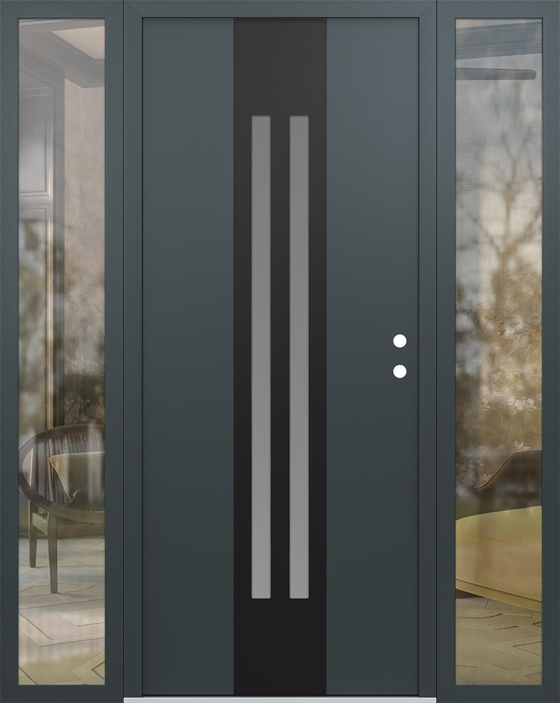 Modern Steel Front Door DIAMOND A8 68" X 80" ANTHRACITE/ANTHRACITE FROSTED GLASS PANEL BLACK LHI WITH 2 SIDELITES FROSTED GLASS