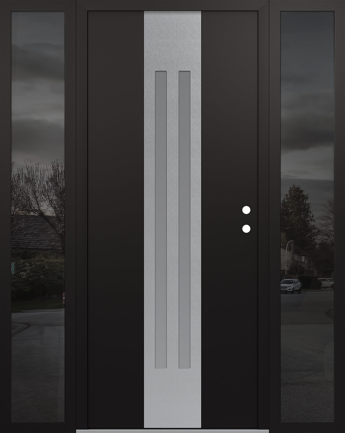 MODERN STEEL FRONT DOOR DIAMOND A8 68" X 80" BLACK/WHITE FROSTED GLASS PANEL STAINLESS STEEL LHI WITH 2 SIDELITES MIRRORED GLASS