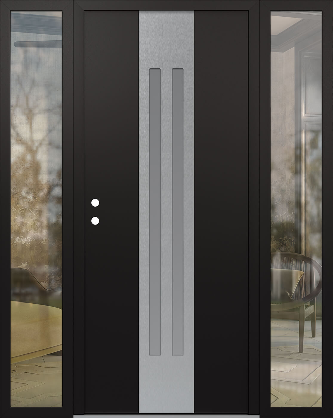 MODERN STEEL FRONT DOOR DIAMOND A8 68" X 80" BLACK/WHITE FROSTED GLASS PANEL STAINLESS STEEL RHI WITH 2 SIDELITES FROSTED GLASS