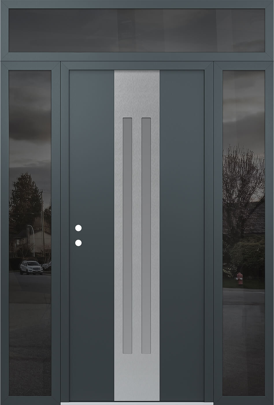 Modern Steel Front Door DIAMOND A8 68" X 96" ANTHRACITE/ANTHRACITE FROSTED GLASS PANEL STAINLESS STEEL LHI WITH 2 SIDELITES AND TRANSOM FROSTED GLASS