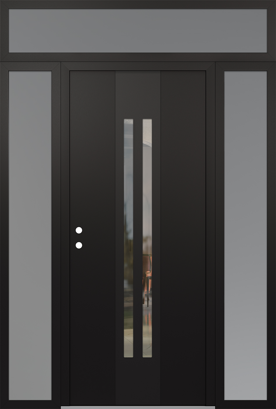 MODERN STEEL FRONT DOOR DIAMOND A8 68" X 96" BLACK/BLACK CLEAR GLASS PANEL BLACK RHI WITH 2 SIDELITES AND TRANSOM FROSTED GLASS