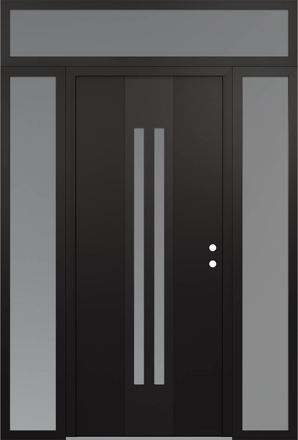 MODERN STEEL FRONT DOOR DIAMOND A8 68" X 96" BLACK/WHITE FROSTED GLASS PANEL BLACK LHI WITH 2 SIDELITES AND TRANSOM FROSTED GLASS