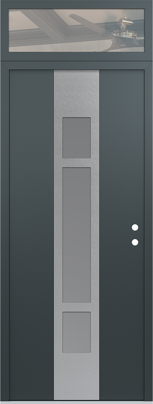 Modern Steel Front Door DIAMOND A9 36" X 96" ANTHRACITE/ANTHRACITE FROSTED GLASS PANEL STAINLESS STEEL LHI WITH TRANSOM CLEAR GLASS