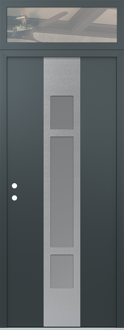 Modern Steel Front Door DIAMOND A9 36" X 96" ANTHRACITE/ANTHRACITE FROSTED GLASS PANEL STAINLESS STEEL RHI WITH TRANSOM CLEAR GLASS