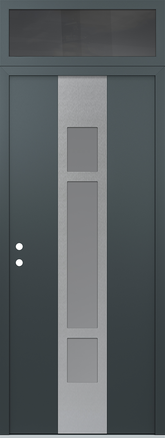 Modern Steel Front Door DIAMOND A9 36" X 96" ANTHRACITE/ANTHRACITE FROSTED GLASS PANEL STAINLESS STEEL RHI WITH TRANSOM MIRRORED GLASS