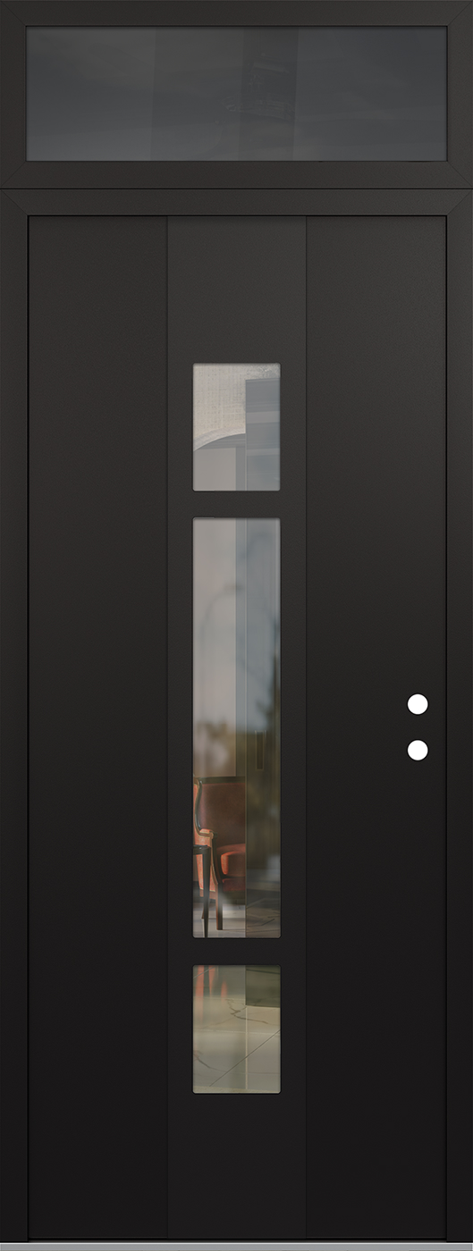Modern Steel Front Door DIAMOND A9 36" X 96" BLACK/BLACK CLEAR GLASS PANEL BLACK LHI WITH TRANSOM MIRRORED GLASS