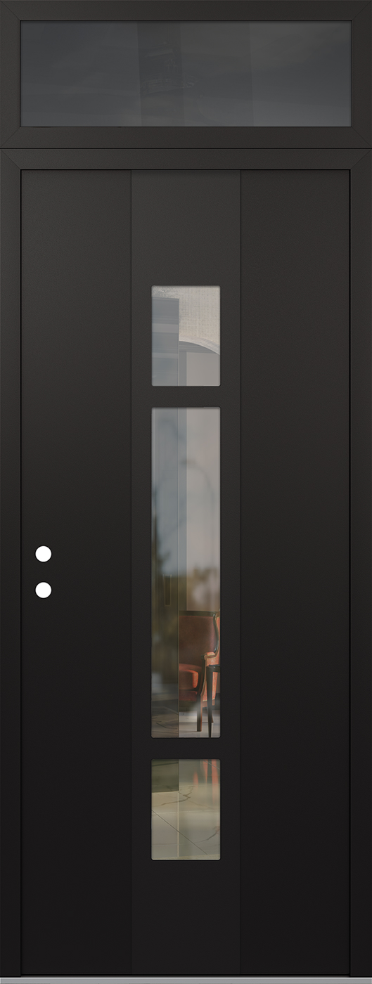 Modern Steel Front Door DIAMOND A9 36" X 96" BLACK/BLACK CLEAR GLASS PANEL BLACK RHI WITH TRANSOM MIRRORED GLASS