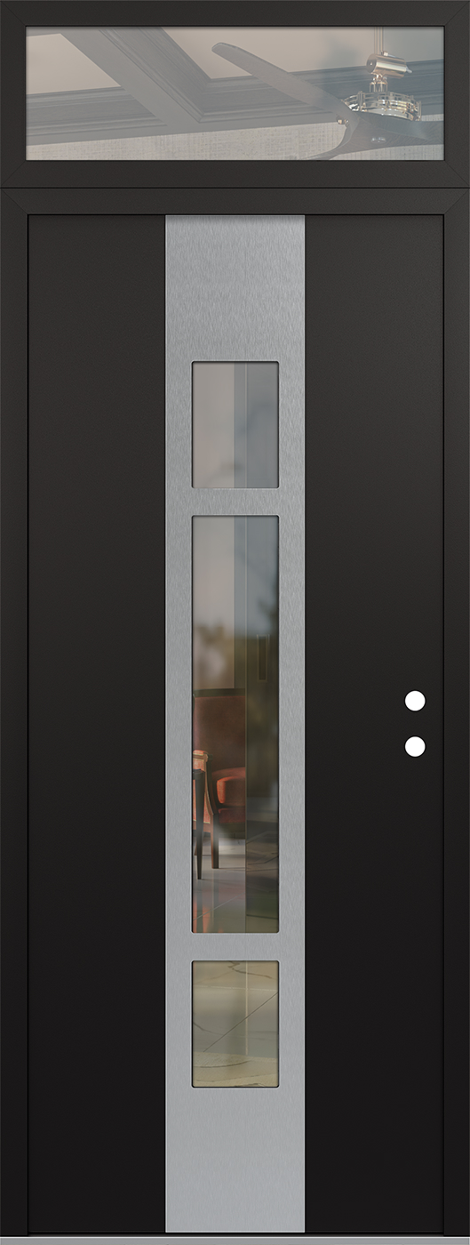 Modern Steel Front Door DIAMOND A9 36" X 96" BLACK/BLACK CLEAR GLASS PANEL STAINLESS STEEL LHI WITH TRANSOM CLEAR GLASS